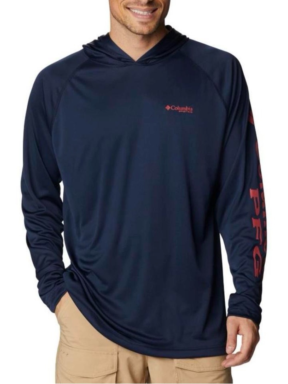 Columbia Navy Hooded Long-Sleeve Pullover with Red Logo Accents